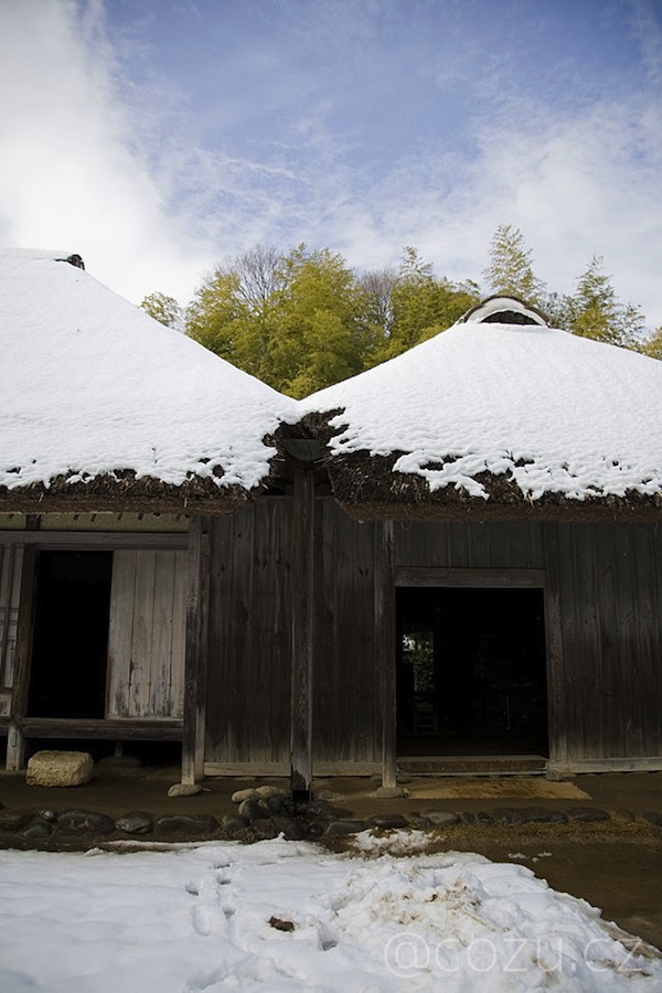 分棟型の作田家住宅は半丸太の雨樋が2棟を繋ぐ